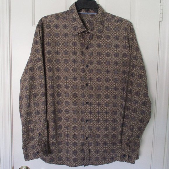 Tasso Elba Mens L/S Brown Cotton Fancy Casual Shirt - Size 18.5/34 or XXL - Picture 3 of 3
